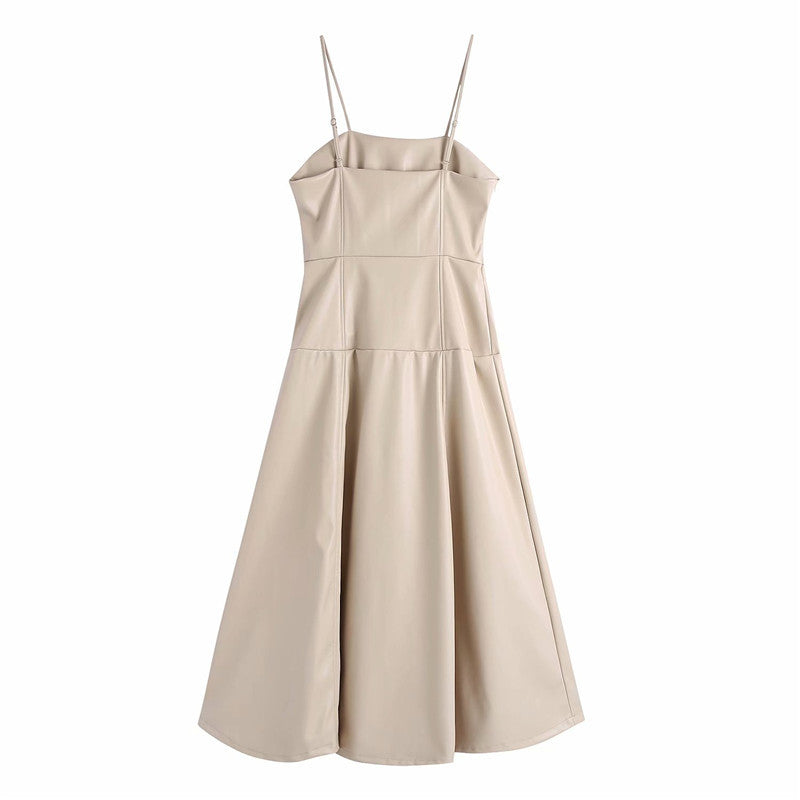 Suspenders Strapless Leather Cream Party Midi Dresses