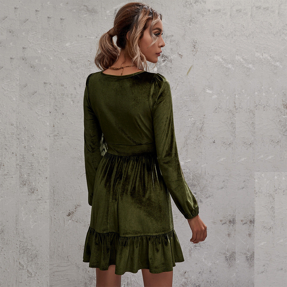 V-neck Velvet Ruffled Puff Sleeve Skater Party Mini Dresses