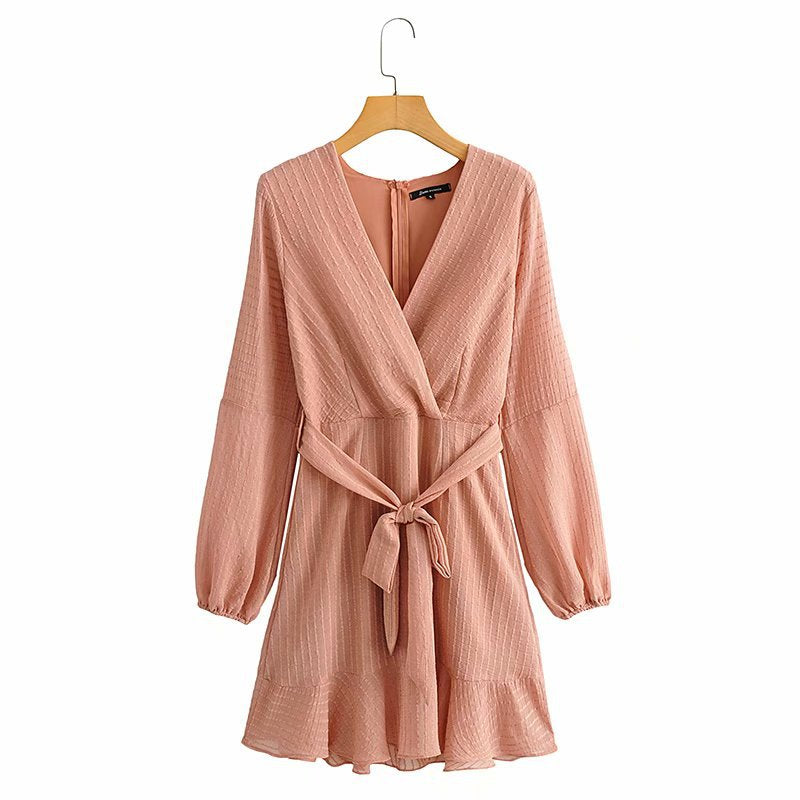 V-neck Lace-up Ruffled Lantern Sleeve Mini Dresses