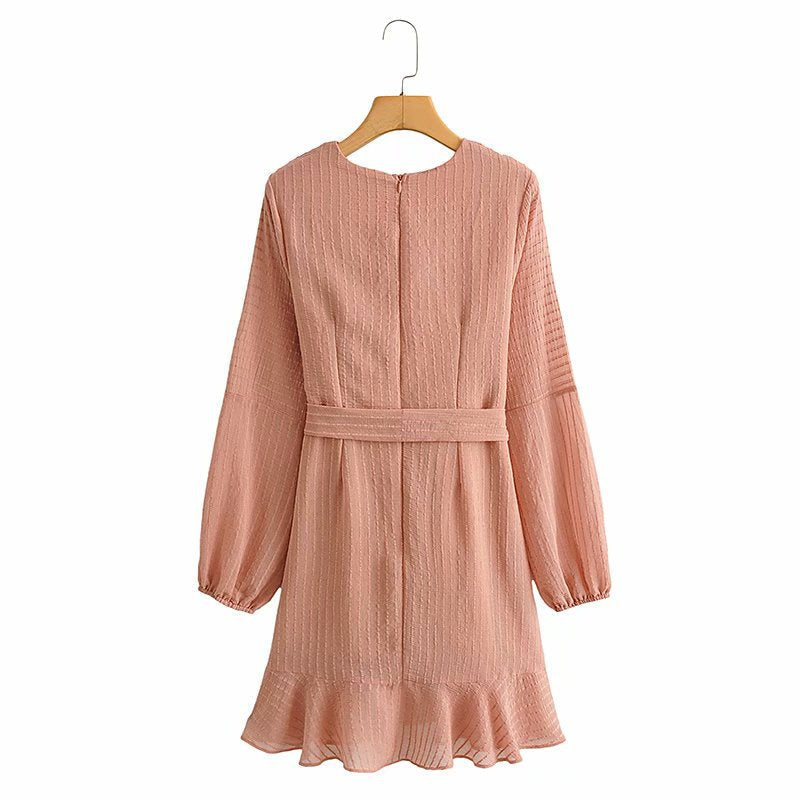 V-neck Lace-up Ruffled Lantern Sleeve Mini Dresses