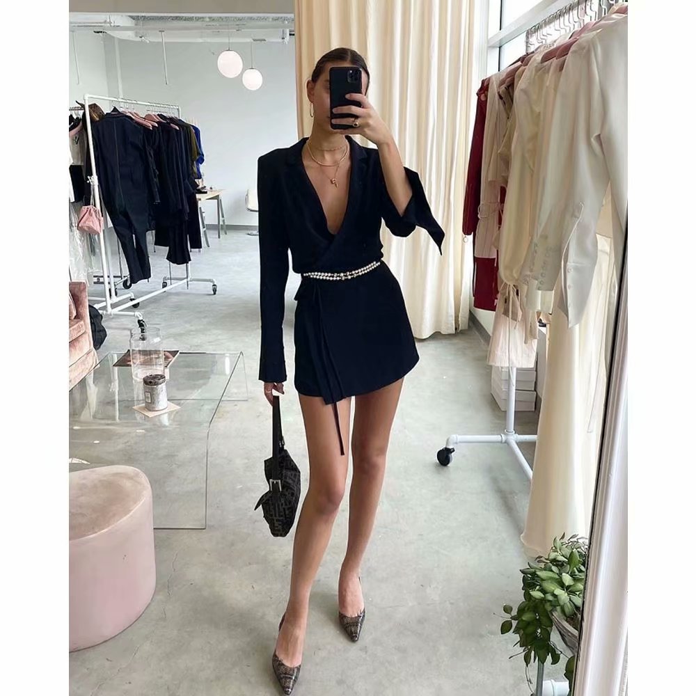 V-neck Pile Collar Lace-up Blazer Mini Dresses