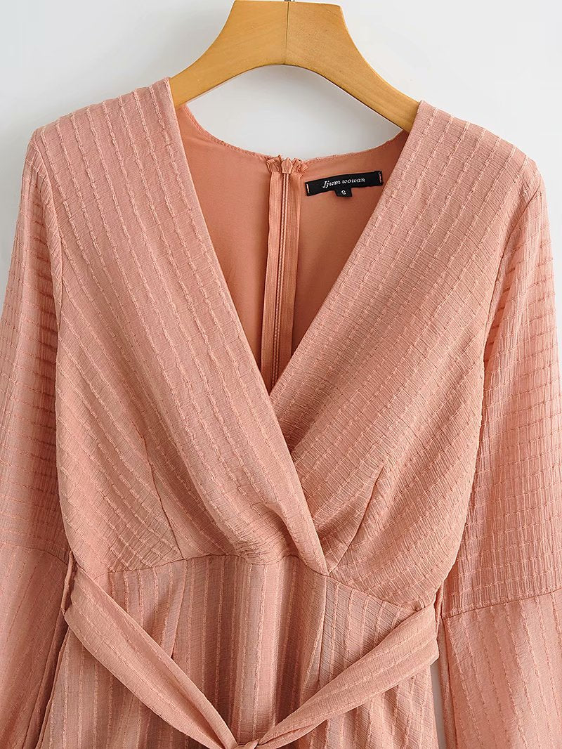 V-neck Lace-up Ruffled Lantern Sleeve Mini Dresses