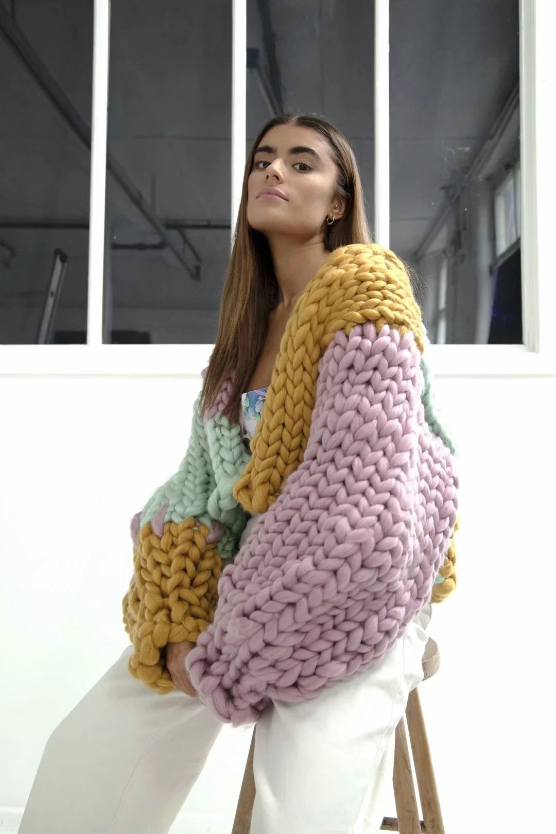V-neck Stripe Lantern Sleeve Knit Sweater Outerwear