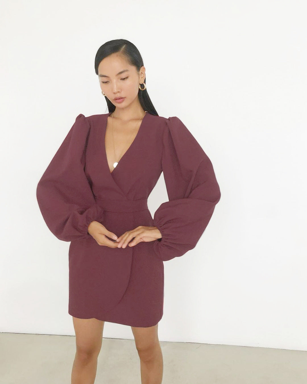 V-neck High Waist Lantern Sleeve Mini Dresses Purple
