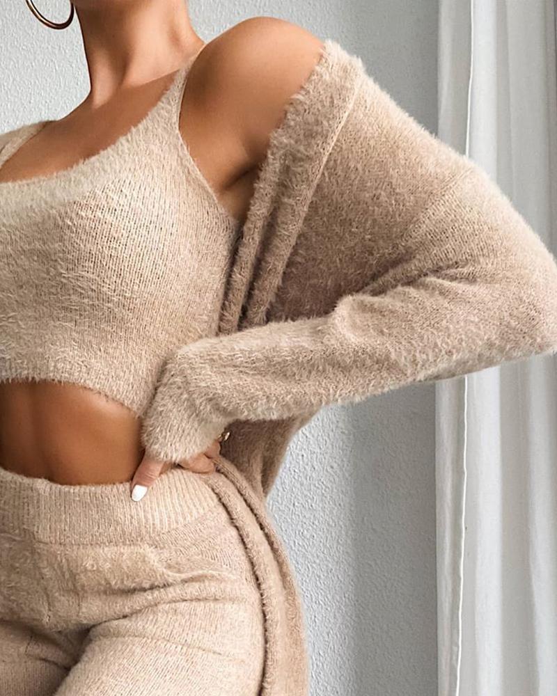 Chic V-neck Knitted Three-piece Set Sleeveless Crop Vest and Sweater Cardigan & Solid Wide Leg Pants