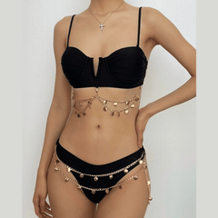 Metal chain solid ruched padded bikini swimwear