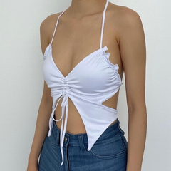 Double layered butterfly halter solid self tie backless top
