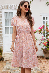 Ruffled Floral Print Short Sleeves Midi Dress