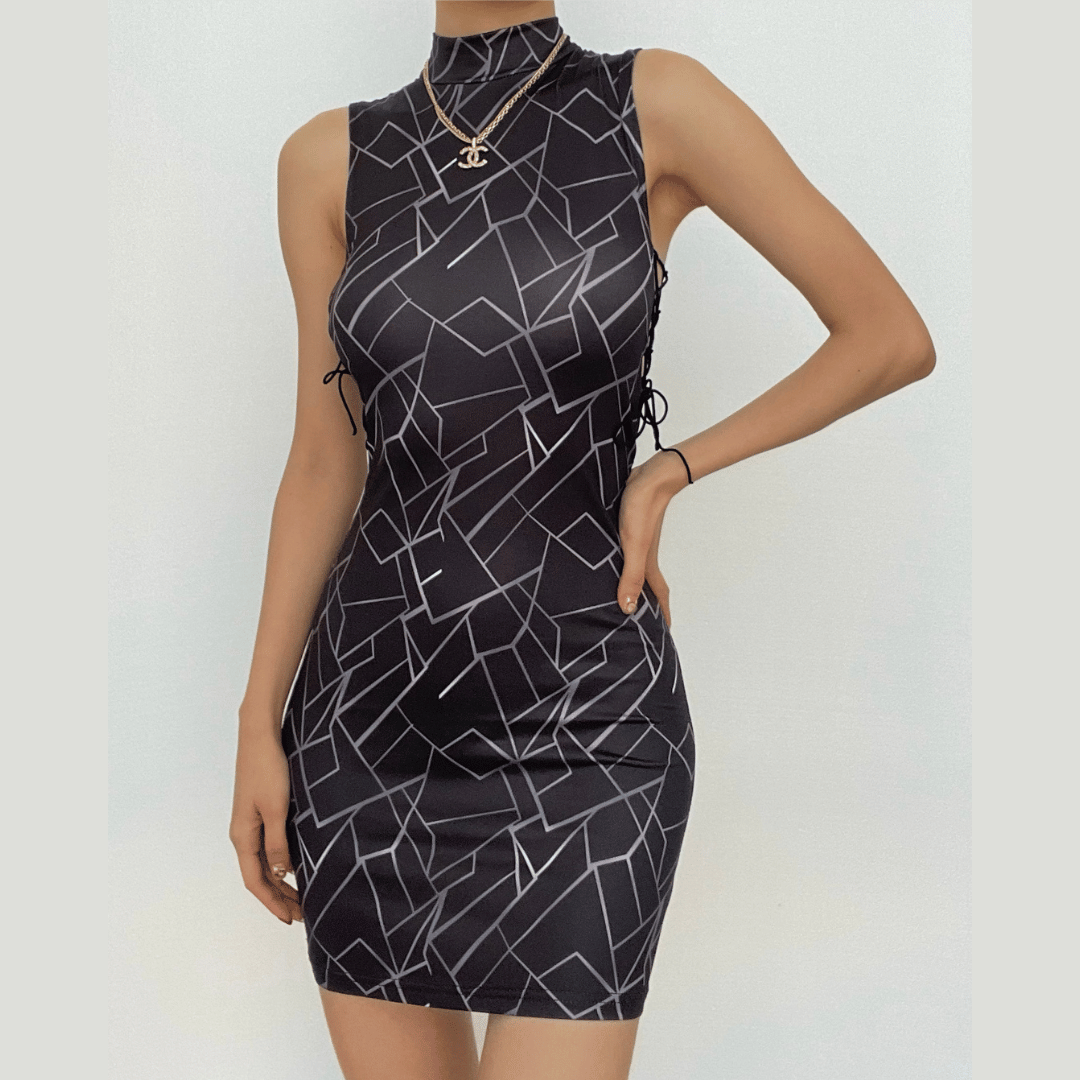 Sleeveless contrast hollow out lace up self tie mini dress