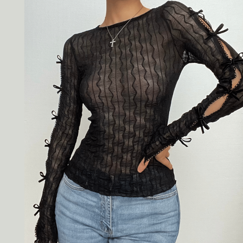 Bowknot textured see through long sleeve solid ruffle top
