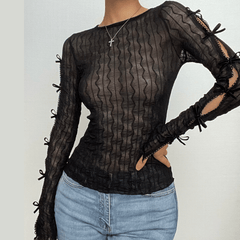 Bowknot textured see through long sleeve solid ruffle top