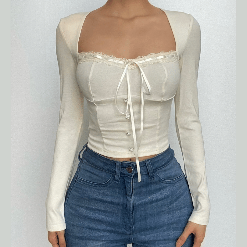 Square neck lace hem button solid long sleeve top