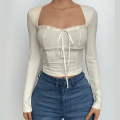Square neck lace hem button solid long sleeve top