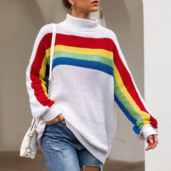 Women's High Collar Rainbow Stripes Knit Long Sweater