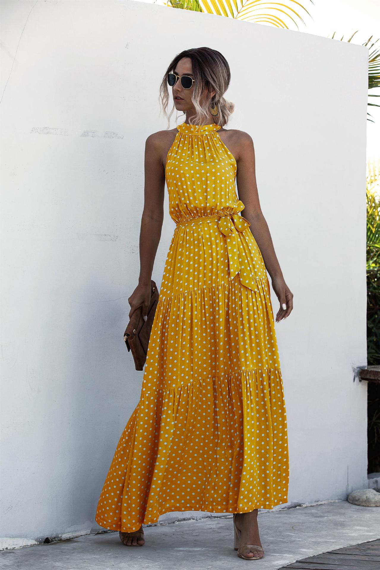 Yellow Wave Bohemian Boho Printed Hanging Neck Straps Maxi Dresses