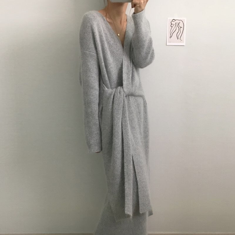 V-neck Cross Straps Long Knit Cardigan Midi Dresses - Gray