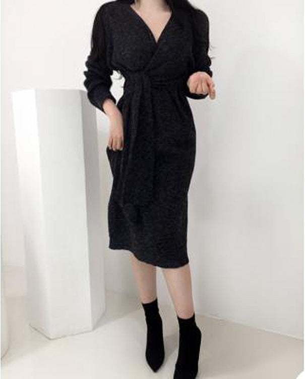 V-neck Cross Straps Long Knit Cardigan Midi Dresses