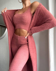 Chic V-neck Knitted Three-piece Set Sleeveless Crop Vest and Sweater Cardigan & Solid Wide Leg Pants