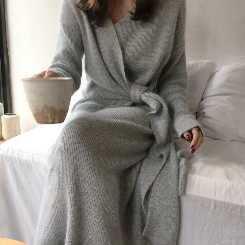 V-neck Cross Straps Long Knit Cardigan Midi Dresses