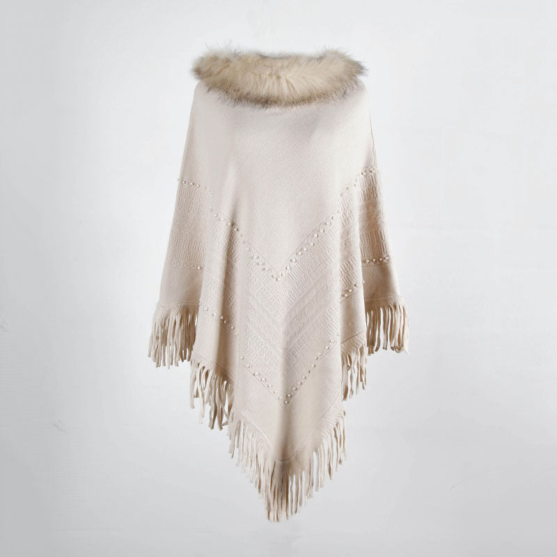 Tassel Fringed Pullover Bead Fur Collar Sweater Cloak Shawl Cape