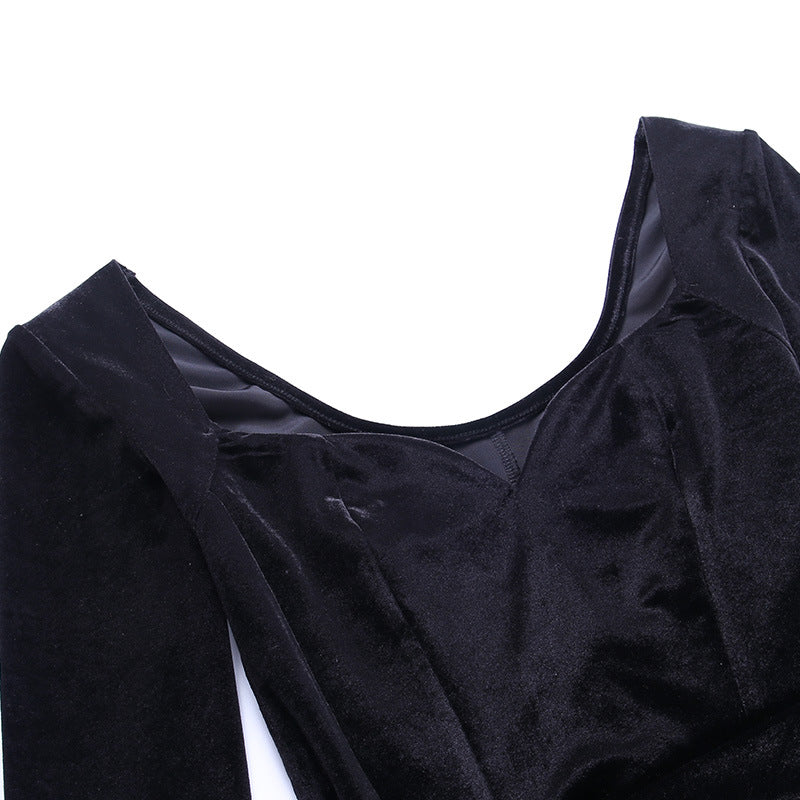 Square Collar Velvet Gloves Party Bodycon Midi Dresses