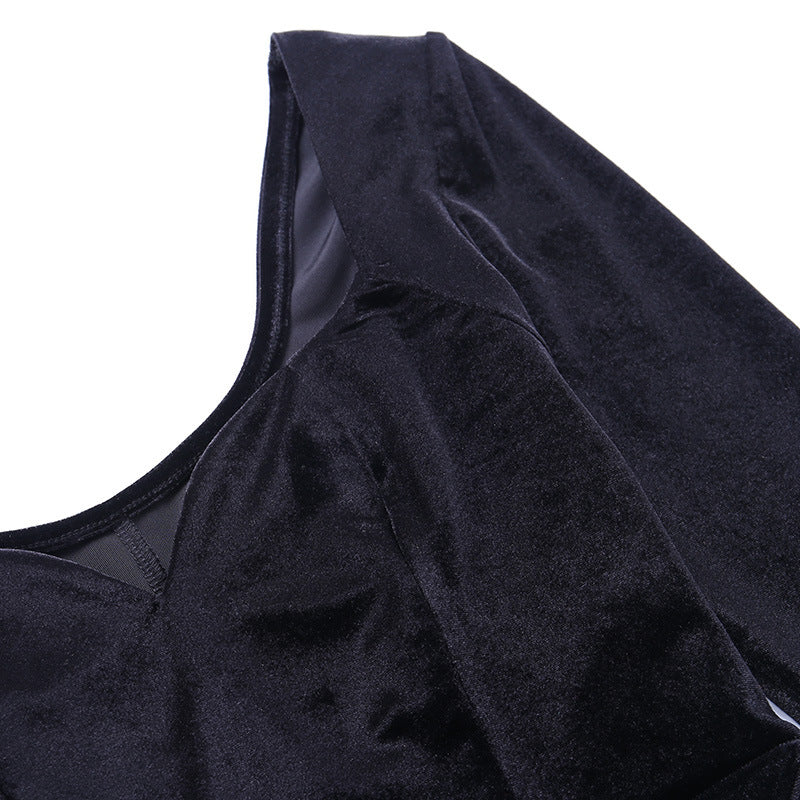 Square Collar Velvet Gloves Party Bodycon Midi Dresses
