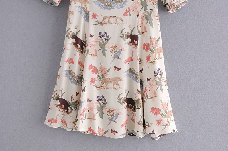 Square Collar Animal Pattern Floral Mini Dress