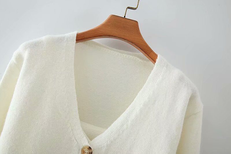 V-neck Knit Suspenders Tank Tops and Single-breasted Cardigans Two-piece Set