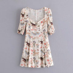 Square Collar Animal Pattern Floral Mini Dress