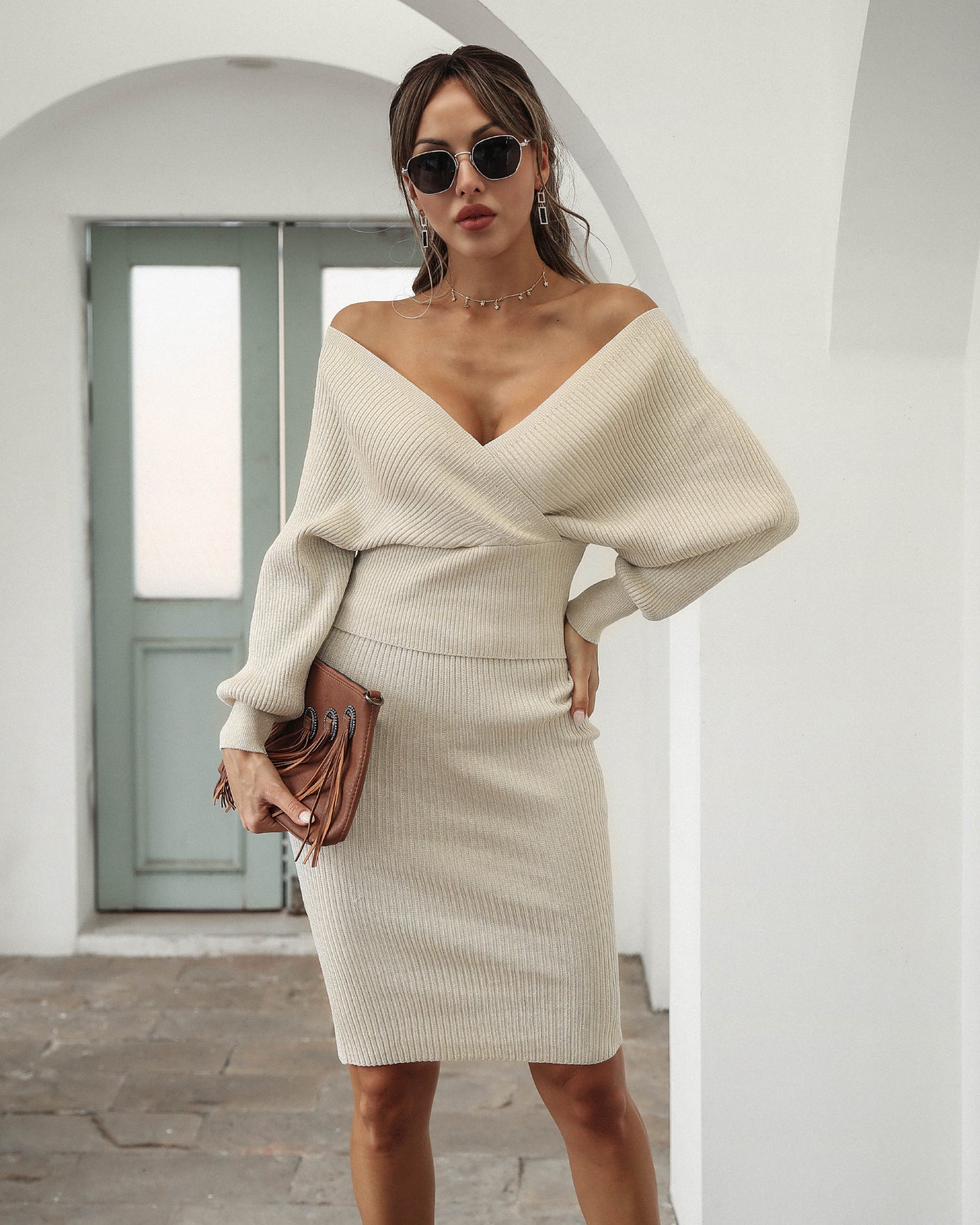 V-neck Knit Backless Bodycon Midi Dresses Two-piece Set