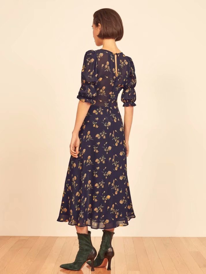 Splicing High Wait Floral Zipper Midi Dresses