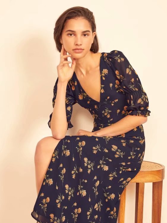 Splicing High Wait Floral Zipper Midi Dresses