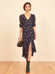 Splicing High Wait Floral Zipper Midi Dresses