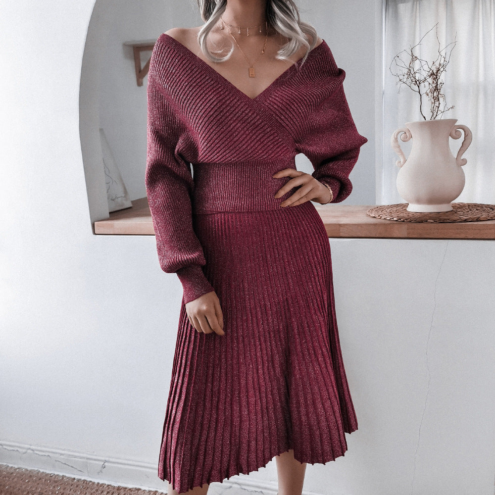 V-neck Irregular Hem Pleated Knit Sweater Midi Dresses Apricot