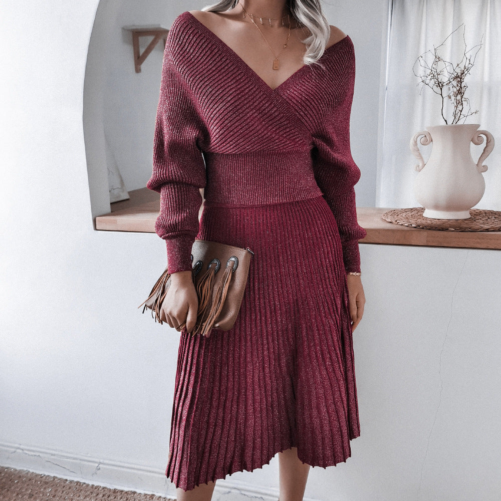 V-neck Irregular Hem Pleated Knit Sweater Midi Dresses