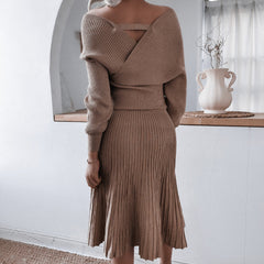 V-neck Irregular Hem Pleated Knit Sweater Midi Dresses Apricot