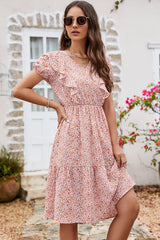 Ruffled Floral Print Short Sleeves Midi Dress