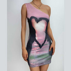 One shoulder heart pattern irregular contrast mini dress