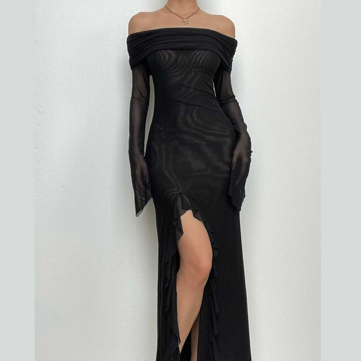 Off shoulder slit sheer mesh see through long sleeve maxi dress