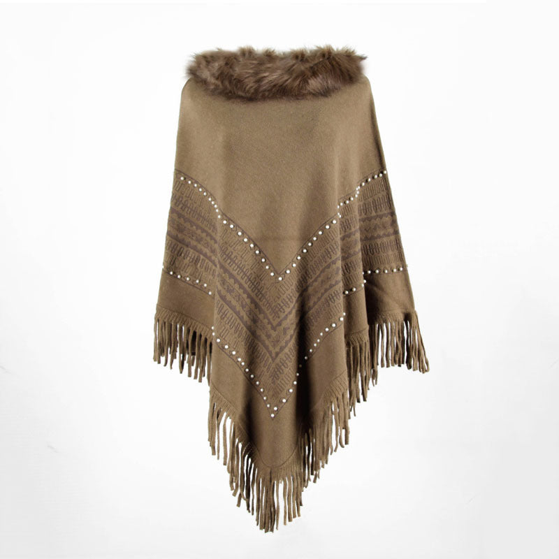 Tassel Fringed Pullover Bead Fur Collar Sweater Cloak Shawl Cape