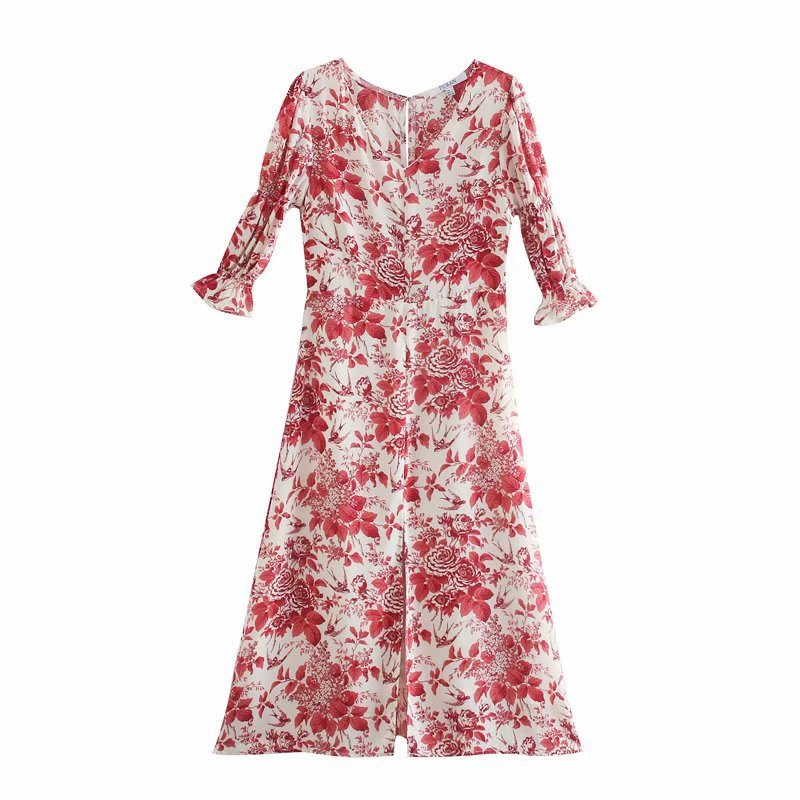 Splicing High Wait Floral Zipper Midi Dresses Red