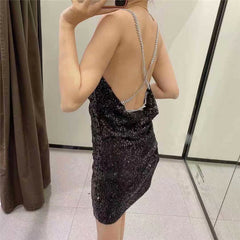 V-neck Sequins Backless Party Mini Dresses