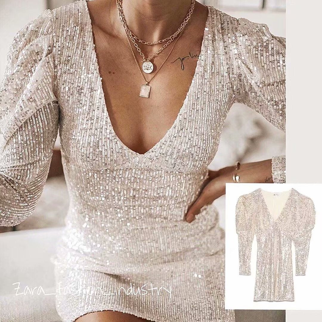 V-neck Sequins Puff Sleeve Party Mini Dresses