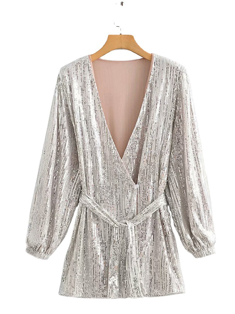 V-neck Sequins Puff Sleeve Lace-up Mini Dresses