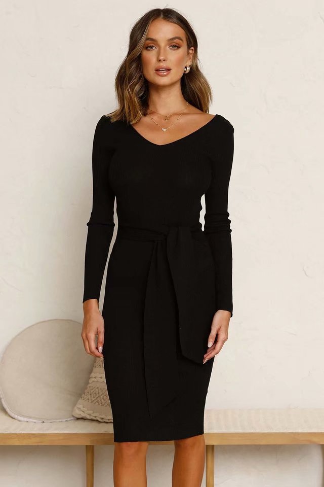 V-neck Knit Lace-up Sweaters Midi Dresses