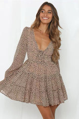 V-neck Lace-up Shirred Frill Polka Dot Floral Mini Dresses