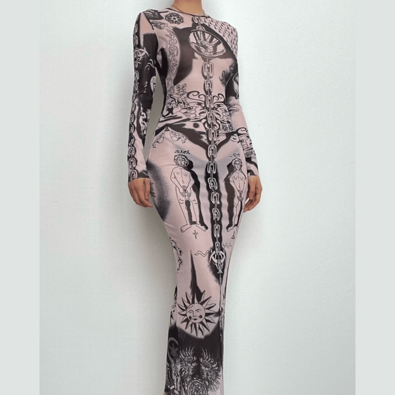 Sheer mesh abstract contrast see through long sleeve maxi dress