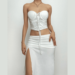 Lace up sweetheart neck solid backless high slit ruched midi skirt set