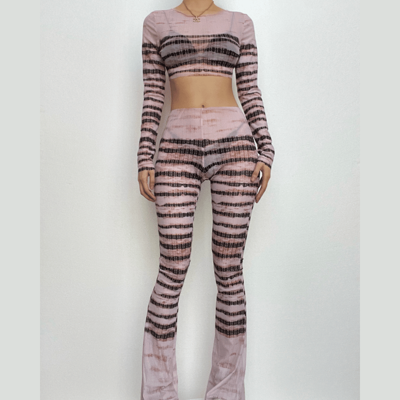 Sheer mesh striped see through long sleeve contrast pant set