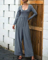 U-neck Sexy Wide-leg Long-sleeved Striped Jumpsuit